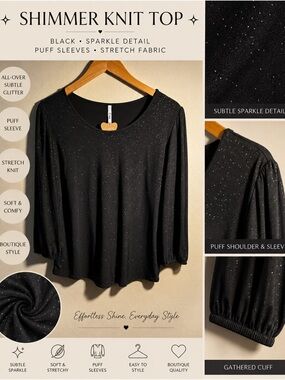 New Shimmer Knit Puff-Sleeve Top — Black